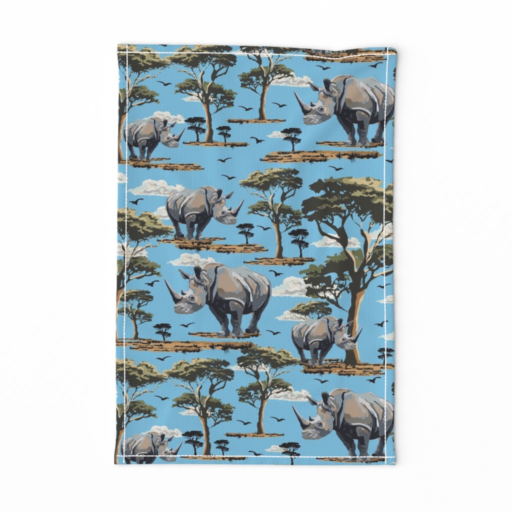 Wild Animal Rhino on Safari Sky Blue, Endangered Species, Rhinoceros Print, African Wilderness Green Acacia Trees (large Scale)