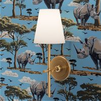 Wild Animal Rhino on Safari Sky Blue, Endangered Species, Rhinoceros Print, African Wilderness Green Acacia Trees (large Scale)