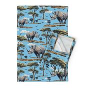 Wild Animal Rhino on Safari Sky Blue, Endangered Species, Rhinoceros Print, African Wilderness Green Acacia Trees (large Scale)