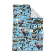 Wild Animal Rhino on Safari Sky Blue, Endangered Species, Rhinoceros Print, African Wilderness Green Acacia Trees (large Scale)