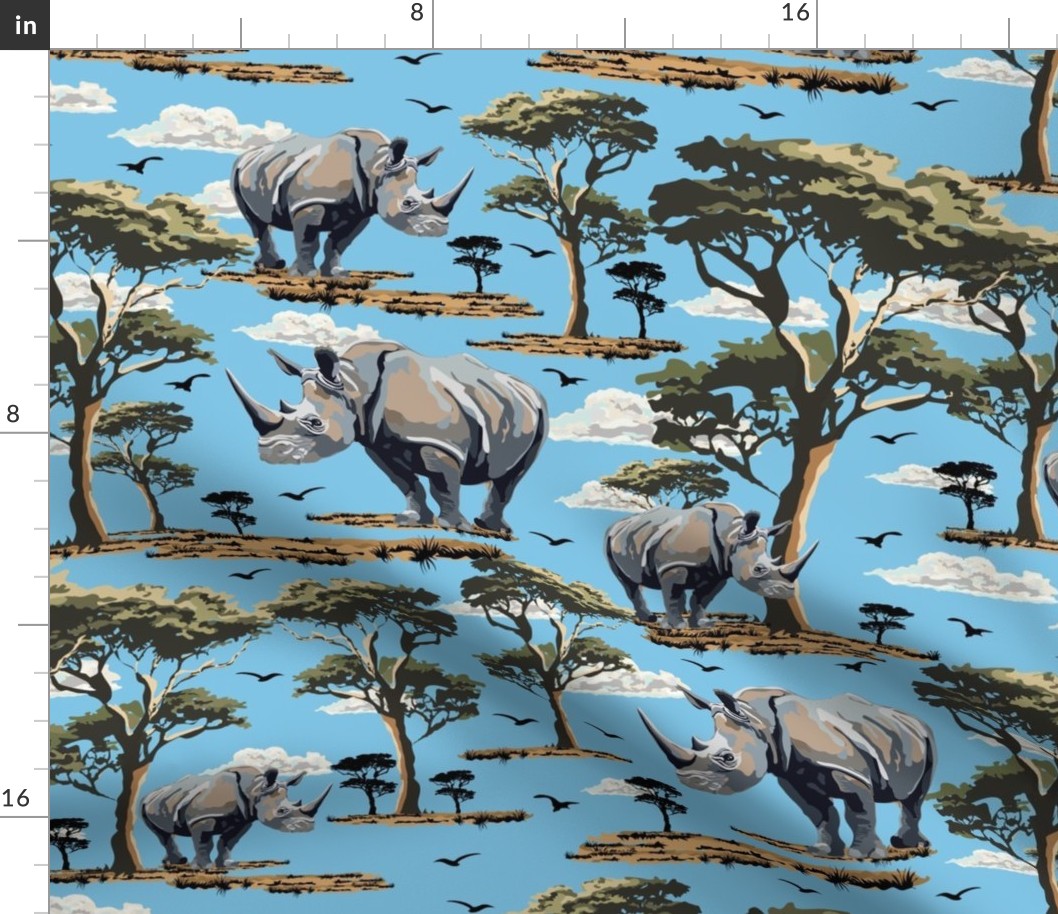 Wild Animal Rhino on Safari Sky Blue, Endangered Species, Rhinoceros Print, African Wilderness Green Acacia Trees (large Scale)