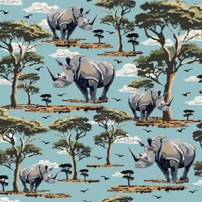 Wild Animal Rhino on Safari, Endangered Species, Rhinoceros Print, African Wilderness Green Acacia Trees