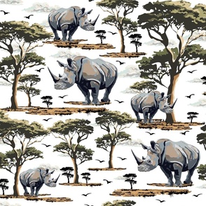 Rhino On Safari, Wild Animal Rhinoceros Print, Endangered Species, African Wilderness Green Acacia Trees (Large Scale)