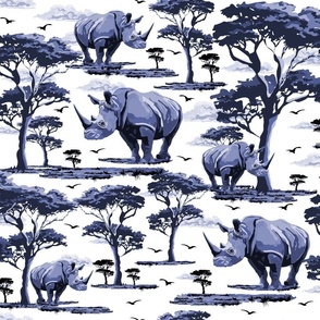 Blue and White Wild Animal Rhinoceros Print, Endangered Species Rhino On Safari, Monochrome Toile (Large Scale)