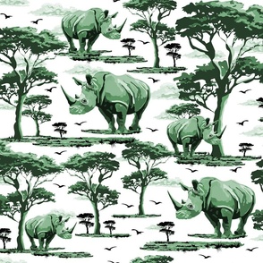 Green and White Wild Animal Rhino Print, Endangered Species Rhinoceros On Safari, Monochrome Toile