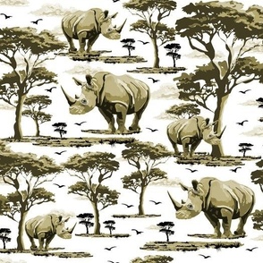 Monochrome Toile Wild Animal Rhino Print, Endangered Species Rhinoceros On Safari, Monochrome Toile