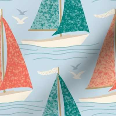 Sailboats at the Lake, Coral and Teal