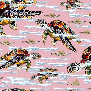 Sea Turtles Swimming in the Ocean, Marine Blue and White Waves, Colorful Floating Seaweed on Pink