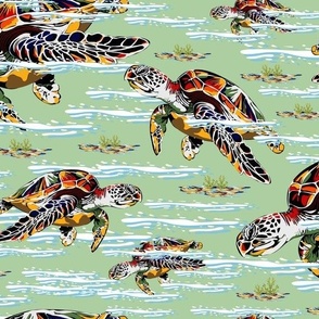 Playful Sea Turtles Swimming, Blue and White Ocean Waves, Colorful Floating Seaweed on Green