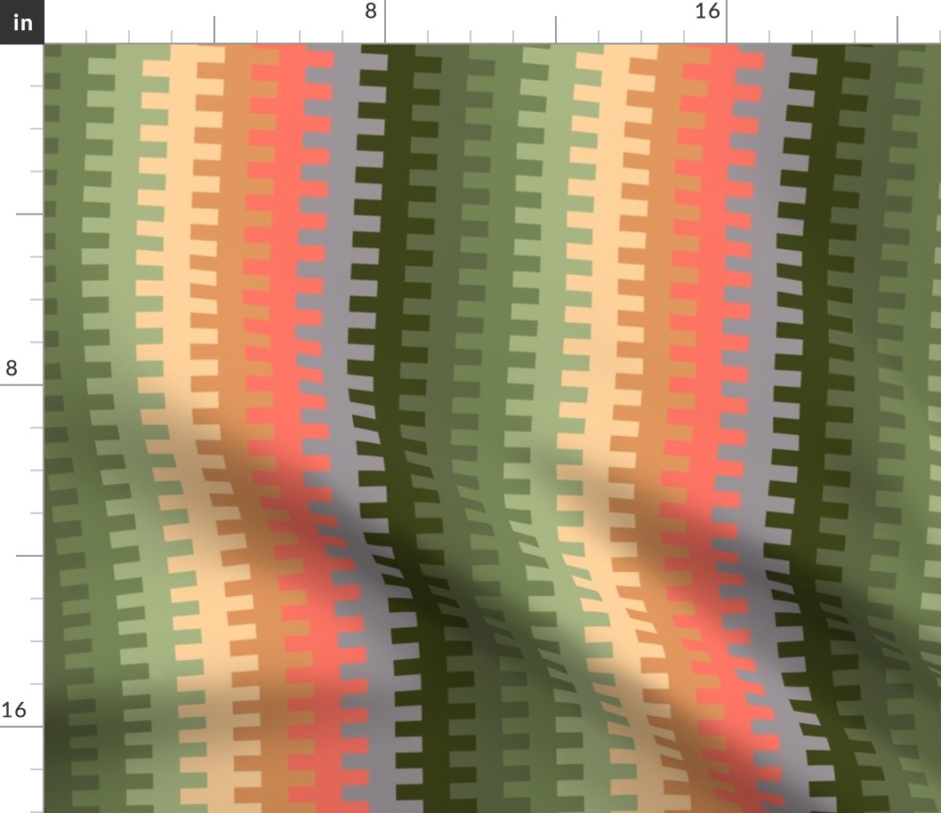 449 - Large scale Desert ghost coordinate stepped serape stripe in olive green, cream, grey and warm corals and mustards - for Mexican inspired decor, curtains, duvet covers and apparel