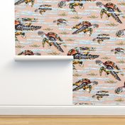 Fun Ocean Sea Turtles Swimming Under the Sea, Blue and White Waves, Colorful Floating Green Seaweed, Sea Life Powder Room Bathroom Décor, Coral Pink Washroom, Majestic Ocean Animals, Undersea Sea Turtles, Vacation Beach House Cabin Feature Wall Interior