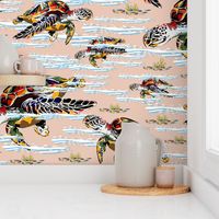 Fun Ocean Sea Turtles Swimming Under the Sea, Blue and White Waves, Colorful Floating Green Seaweed, Sea Life Powder Room Bathroom Décor, Coral Pink Washroom, Majestic Ocean Animals, Undersea Sea Turtles, Vacation Beach House Cabin Feature Wall Interior