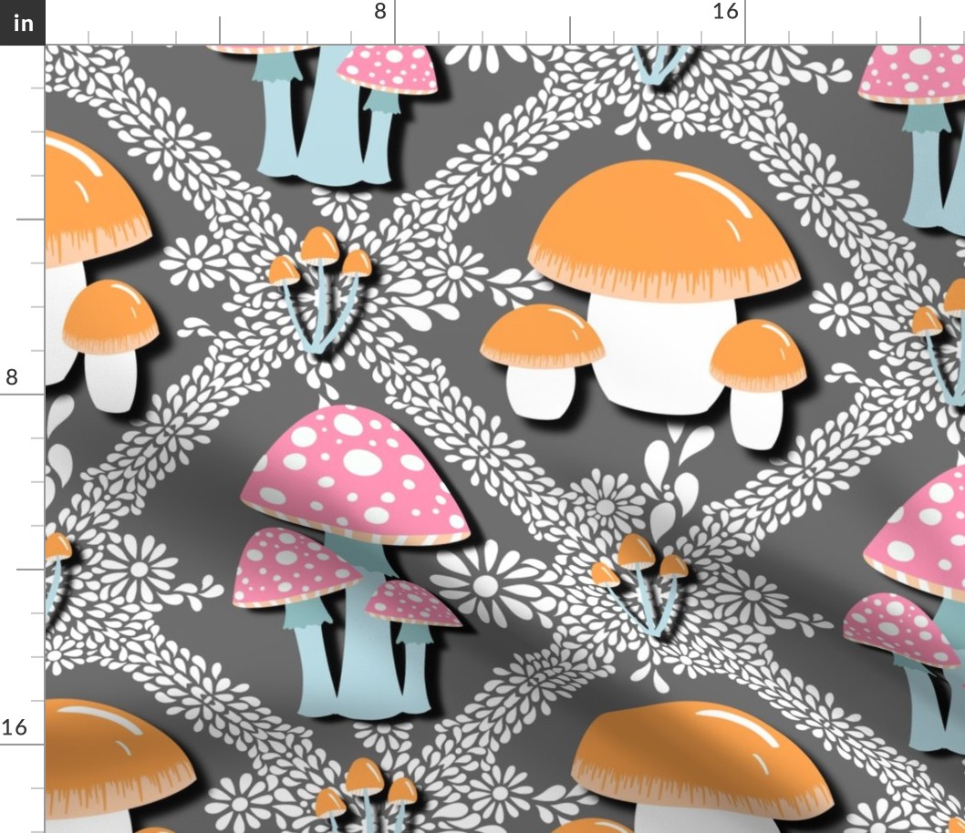 Mushrooms on gray with diamonds