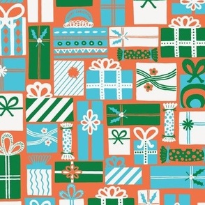Modern Festive Blue White and Green Christmas Present Surprise on Orange Background