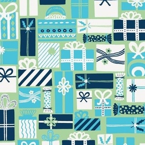 Modern Festive Blue, Navy and White Christmas Present Surprise on Green Background