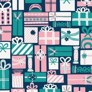 Small - Modern Festive Pink White and Aqua Christmas Present Surprise on Navy Blue Background