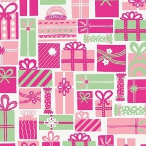 Small - Modern Festive Pink and Green Christmas Present Surprise on Ivory Background