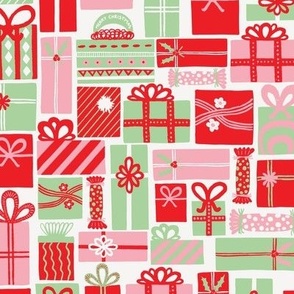 Modern Festive Crimson Red, Pink and Green Christmas Present Surprise on Ivory Background