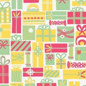 Modern Festive Pink, Green and Yellow Christmas Present Surprise on Ivory Background 