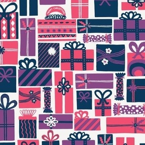 Small - Modern Festive Hot Pink Navy Blue and Purple Christmas Present Surprise on Ivory Background