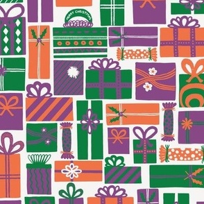 Modern Festive Purple Orange and Green Christmas Present Surprise on Ivory Background