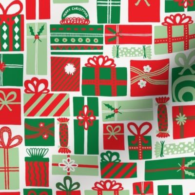 Modern Festive Crimson Red and Green Christmas Present Surprise on Ivory Background