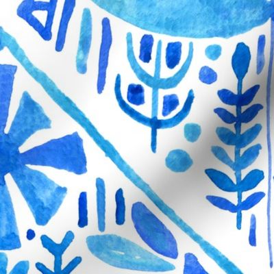 Monochromatic Blue Watercolour Flowers Tile Pattern LARGE