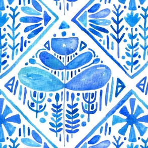Monochromatic Blue Watercolour Flowers Tile Pattern LARGE