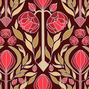 art deco peonies in red and gold, 15" 
