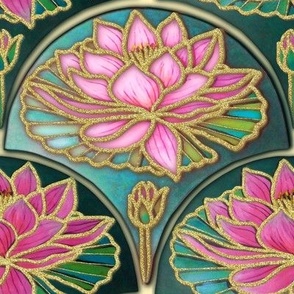 Pink waterlily and lily pads Art Deco tile pattern fabric , wallpaper and home décor