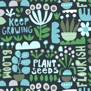 Keep Growing Plants / Plant Seeds / Flourish / Bloom / Gardening Teal Blue Green - Medium