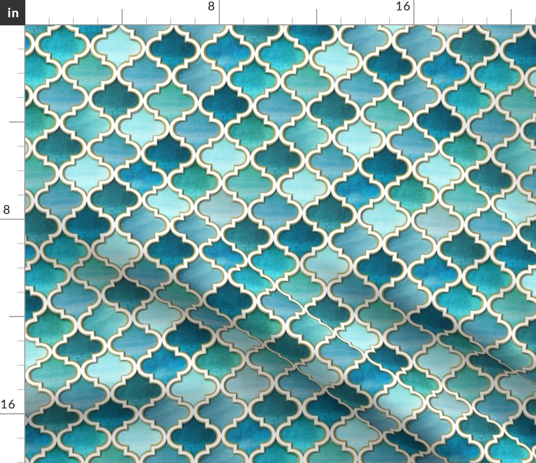 Teal blue and green Moroccan Tile fabric or wallpaper