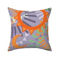 Large - Bold and Colourful, Celestial Stylised Sun and Moon - Lavender, Orange & Green
