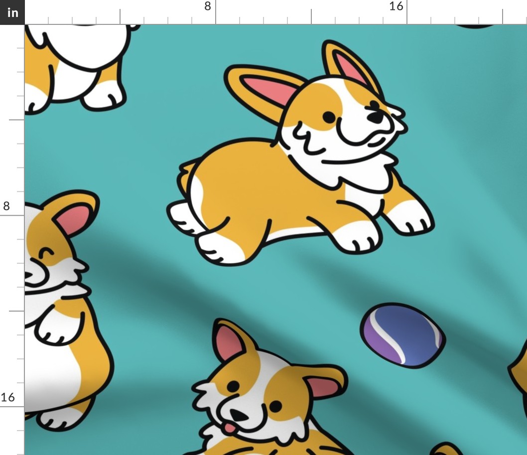 Cute Corgi Dogs, Adorable Kawaii Corgis on Turquoise-Blue