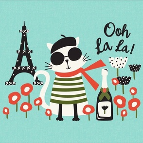 Ooh La La Parisian Cat Graphic Tea Towel Aqua