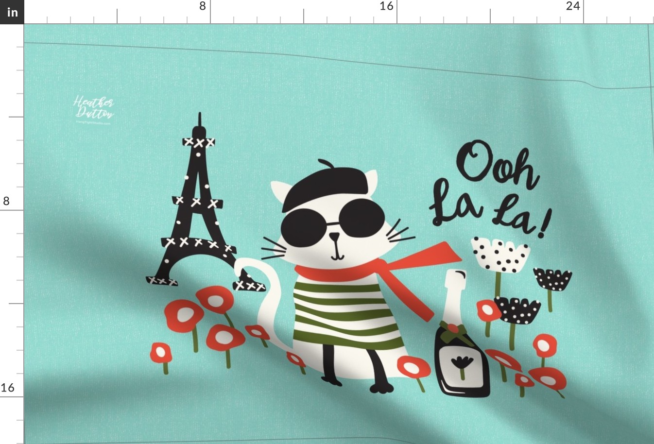 Ooh La La Parisian Cat Graphic Tea Towel Aqua