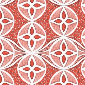hand drawn cutwork white lace embroidery effect  geometric circles in red  burlap texture large 6” non directional  repeat