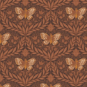 Butterfly damask - chocolate brown, yellow, rust. Vintage floral. // Medium Scale