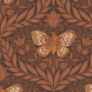 Butterfly damask - chocolate brown, yellow, rust. Vintage floral. // Big Scale