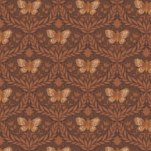 Butterfly damask - chocolate brown, yellow, rust. Vintage floral. // Small Scale