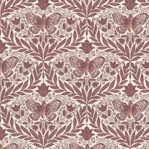 Butterfly damask - brown, deep purple, pink white. Vintage floral. // Medium Scale