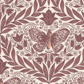 Butterfly damask - brown, deep purple, pink white. Vintage floral. // Big Scale