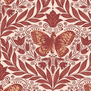 Butterfly damask - burgundy red, peach, off-white. Vintage floral. // Big Scale