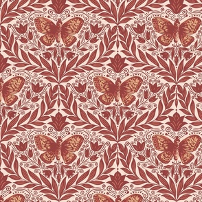 Butterfly damask - burgundy red, peach, off-white. Vintage floral. // Medium Scale