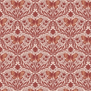 Butterfly damask - burgundy red, peach, off-white. Vintage floral. // Small Scale