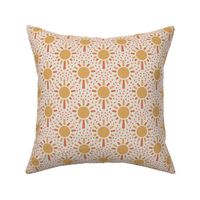 Sun-Kissed Retro Elegance: Yellow block printed Vibrant Suns and Polka Dots  on Cream