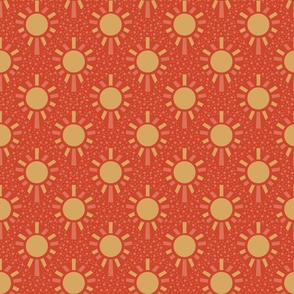 Sun-Kissed Retro Elegance: Yellow block printed Vibrant Suns and Polka Dots  on Deep Orange 