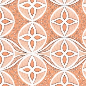 hand drawn cutwork white lace embroidery effect  geometric circles in coral peach burlap texture large 6” non directional  repeat
