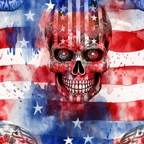 Patriotic Rebel Fusion American Flag And Skull Distressed Watercolor Design Large Scale