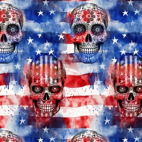 Patriotic Rebel Fusion American Flag And Skull Distressed Watercolor Design Medium Scale